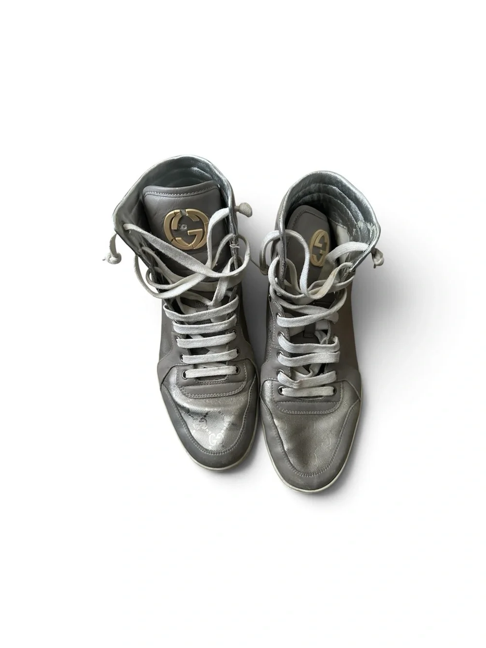 Gucci Metallic Gray High-Top Sneakers with Gold Logo